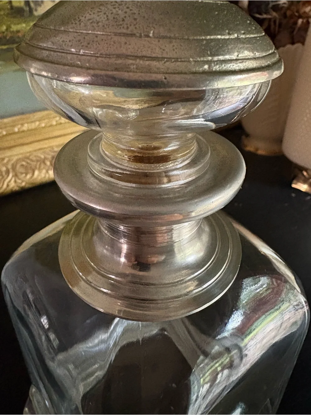 Italian Glass & Pewter Medium Geometric Decanter w/ Rounded Stopper Minimalist